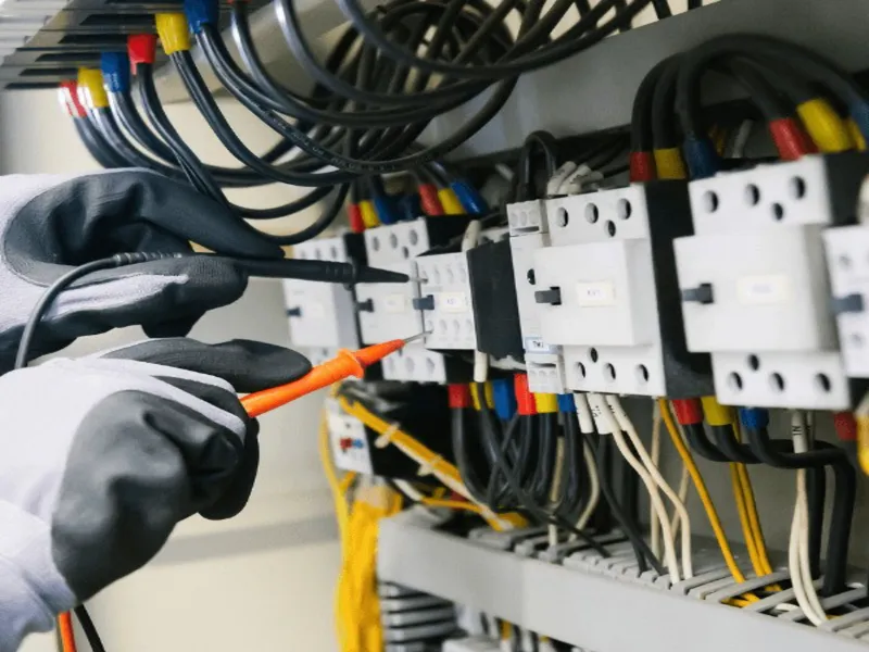 Gloved hands holding multimeter probes against contactor terminals in a control panel full of crimped red, yellow and blue conductors
